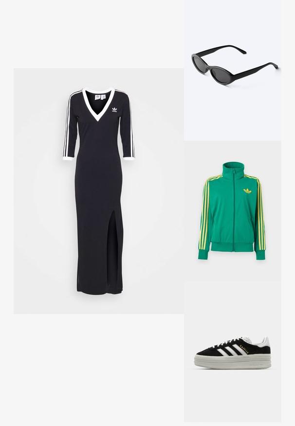 Grøn træningsjakke med lynlås, gule striber på ærmerne og en gul Adidas trefoil-logo på brystet, vist på en hvid baggrund.; Sort, langærmet kjole med V-udskæring, hvide striber langs ærmerne og en sideslids. Lavet af blødt stof, har et lille logo på brystet.; Sort ruskind sneaker med hvide læderdetaljer, tre hvide striber, flade snørebånd og en tyk grå platformsål. Guldfarvet "Gazelle" branding.; Slanke sorte ovale solbriller med mørke linser og lige arme, hvilende på en hvid overflade.