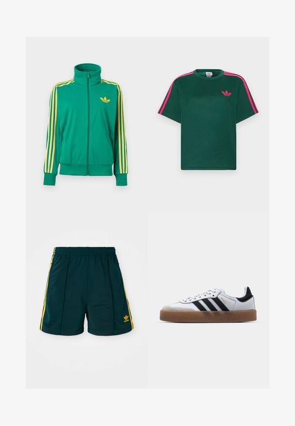 Roheline lukuga spordijakk kollaste triipude ja kollase Adidas Trefoil logoga rinnal, valgel taustal.; Roheline lühikeste varrukatega T-särk, mille õlgadel on eredapinkid triibud ja rinnal Adidas kolmelehise ristikheina logo.; Tumed roheline spordilühike, millel on elastne vöökoht, kollased külgribad ja tikandiga kollane logo sääreosas.; Valged nahast tossud mustade triipudega, kummist välistald, ümmargune nina, seotud sulgemine ja pehme hall suede ninaosa.