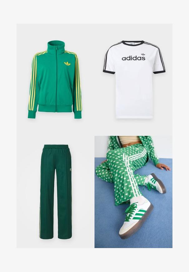 Roheline lukuga spordijakk kollaste triipude ja kollase Adidas Trefoil logoga rinnal, valgel taustal.; Valge puuvillane T-särk mustade detailidega, millel on ümara kaelusega, lühikesed varrukad, kolm musta triipu õlgadel ja must "adidas" logo.; Tumed roheline sportlikud püksid, mis on lõdvema lõikega, koos paelaga vöökohas, küljetaskute ja kreemjate triipudega külgedel.; Roheline mustriga sportlik komplekt valgete lillemotiivide ja valgete triipudega, mille juurde kuuluvad valged spordijalatsid roheliste triipude ja sädeleva paelaga.