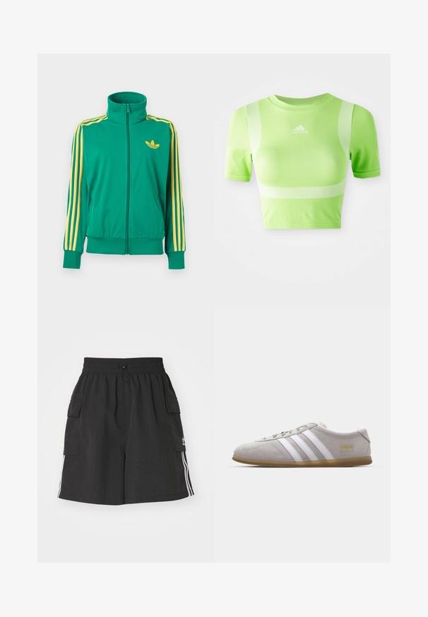 Grøn træningsjakke med lynlås, gule striber på ærmerne og en gul Adidas trefoil-logo på brystet, vist på en hvid baggrund.; Kappet atletisk skjorte i lys grøn stof. Har korte ærmer, rund hals og hvidt diagonalt stribemønster på skuldrene. adidas-logo på fronten.; Sorte cargo shorts lavet af letvægtsmateriale, med elastisk talje, snor lukning, sidelommer og hvide sidelister.; Grå suedestøvle med hvide læderstriber og guldlogo-detalje. Flad gummisål, rund tå og klassisk snølukkedesign.