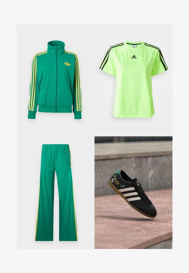 Grøn træningsjakke med lynlås, gule striber på ærmerne og en gul Adidas trefoil-logo på brystet, vist på en hvid baggrund.; Neon grøn atletisk t-shirt lavet af svedtransporterende stof. Har et sort tre-stripes design på skuldrene og logoet centreret på brystet.; Grønne træningsbukser med gule sidelommer, elastisk talje og lynlåslommer, vist fladt mod en hvid baggrund.; Sort atletiksko med hvide striber, mønstret overdel med blomsterdetaljer og en grøn hæl. Gummisål, der giver godt greb.