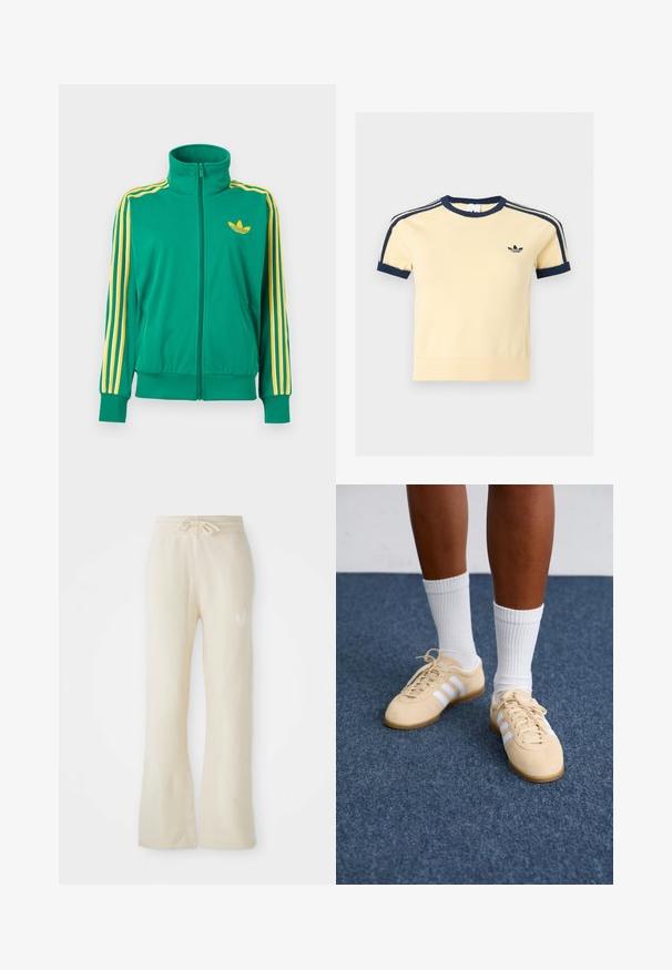 Grüne Trainingsjacke mit durchgehendem Reißverschluss, gelben Streifen an den Ärmeln und einem gelben Adidas-Trefoil-Logo auf der Brust, dargestellt auf weißem Hintergrund.; Kurzärmeliges cremefarbenes Hemd mit dunkelblauem Rundhalsausschnitt, Ärmelsaum, Schulternstreifen und kleinem dunkelblauem Adidas-Trefoil-Logo auf der linken Brust.; Cremefarbene Jogginghose aus einem weichen Material, mit einem Kordelzugbund und ausgestellten Beinen. Subtiles Logo-Detail an der linken Hüfte.; Person mit beigen Adidas Sneakers mit weißen Streifen und weißen Socken, der auf einem blauen Teppichboden steht.