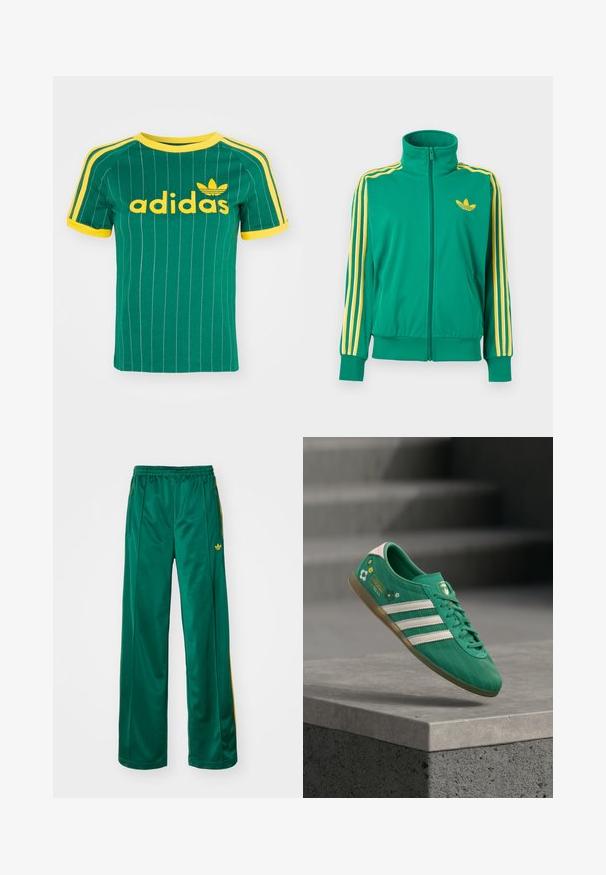 Zelená športová bunda na zips so žltými pruhmi na rukávoch a žltým logom Adidas trefoil na hrudi, zobrazená na bielom pozadí.; Zelené bavlnené tričko s vertikálnymi bielymi pruhmi, žltými akcentmi a logom "adidas" v žltom písme. Krátke rukávy a okrúhly výstrih.; Zelené saténové športové nohavice s voľným strihom, s žltými pruhmi a vyšitým logom na ľavej strane. Elastický pás.; Zelená teniska s bielymi tromi pruhmi, kvetinovými doplnkami, textúrovaným vrškom a ružovým pätovým úchytom. Gumená podrážka pre lepšiu trakciu.
