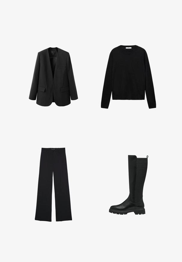 Blazer noir avec un design structuré sans col, deux poches avant et une texture de tissu lisse. Ouvert à l'avant, coupe décontractée.; Pull noir à manches longues en matière douce avec un col rond et des poignets côtelés, présentant un design simple et droit.; Pantalon noir à jambes larges avec passants de ceinture, bouton frontal et fermeture éclair, étalé à plat sur un fond blanc.; Botte noire hauteur genou avec un devant en cuir lisse et un panneau en maille texturée à l'arrière, dotée d'une semelle en caoutchouc et d'une languette pour un enfilage facile.