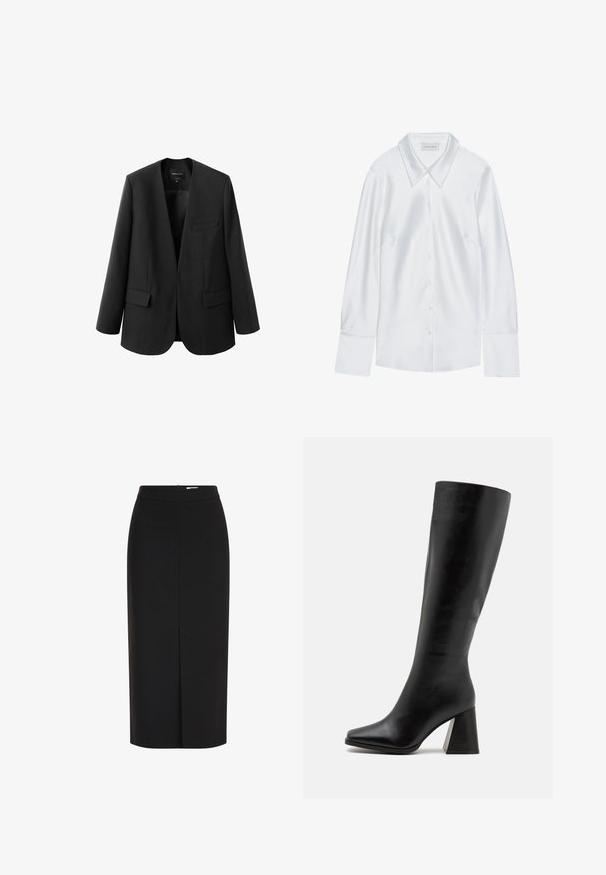 Sort blazer med en struktureret, kravefri design, to frontlommer og en glat stoftekstur. Åben front, afslappet pasform.; Hvid langærmet skjorte med klassisk krave, med knaplukning fortil og glat tekstur, lavet af letvægtigt stof med en subtil glans.; Sort midi pencilnederdel med høj talje, frontslids og skjult lynlås på hvid baggrund.; Sort knæhøje støvler lavet af glat læder, med firkantet tå og en kraftig, tekstureret hæl. Simpelt og strømlinet design.