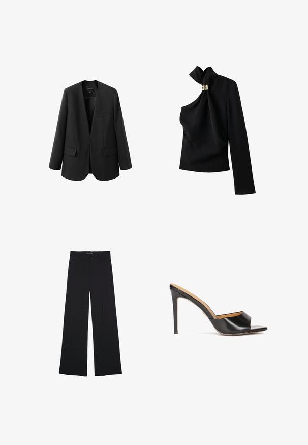 Sort blazer med en struktureret, kravefri design, to frontlommer og en glat stoftekstur. Åben front, afslappet pasform.; Sort top med én skulder, lavet af glat stof, med en knyttet kravelukning og en gylden detalje ved skulderen. Lange ærmer på den ene side.; Sorte bukser med vide ben, bæltestropper, knaplukning foran og lynlås, lagt fladt på en hvid baggrund.; Sorte open-toe hæle mules med en blank læderfinish, taperet blokhæl og et glat buet bånd over vristen.