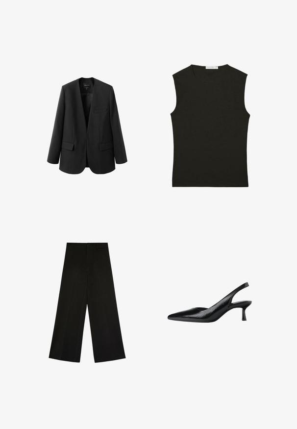 Sort blazer med en struktureret, kravefri design, to frontlommer og en glat stoftekstur. Åben front, afslappet pasform.; Sort ærmeløs top lavet af glat stof; tætsiddende design med rund halsudskæring; ingen synlige mønstre eller detaljer.; Sorte bukser med brede ben, knap- og lynlåslukning, bæltestropper og frontfolder, lagt fladt på en hvid baggrund.; Sorte slingback pumps med spids tå, lavet af tekstureret syntetisk materiale, med en slank hæl og et åbent sides_design.