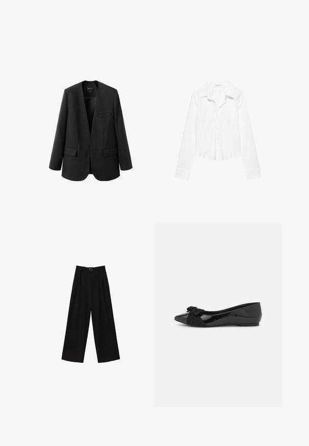 Sort blazer med en struktureret, kravefri design, to frontlommer og en glat stoftekstur. Åben front, afslappet pasform.; Hvid skjorte med lange ærmer, krave, let figursyet talje og manchetter med knapper, vist på en hvid baggrund.; Sorte brede bukser med høj talje, der har et bælte i taljen og plisseringer for tekstur. Fremstillet af et glat, letvægtsstof.; Sort balletflade med en blank patentfinish og en kontrasterende sort ruskinds sløjfe på tåen. Flad sål. Minimalistisk design.