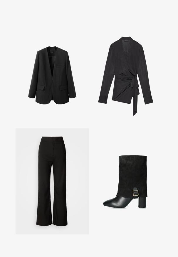 Sort blazer med en struktureret, kravefri design, to frontlommer og en glat stoftekstur. Åben front, afslappet pasform.; Sort indpakningstop med lange ærmer, en bindebåndslukning ved taljen, og et glat, let stof med en subtil glans.; Sorte bukser med bred benvidde, glat tekstur, høj talje og et enkelt design. Ingen synlige lommer eller udsmykninger.; Sorte ankelstøvler med en overdel af ruskind, spids tå, kraftig hæl og en dekorativ spænde på siden, med en glat lædertå-hætte.
