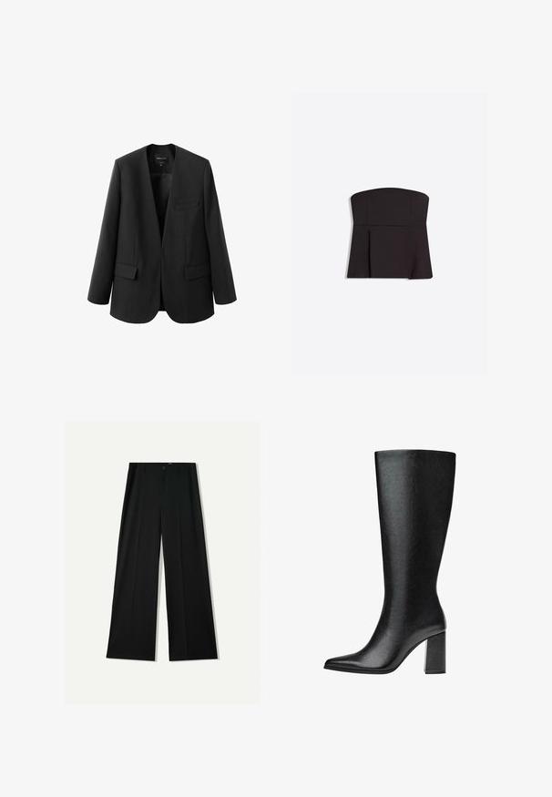 Sort blazer med en struktureret, kravefri design, to frontlommer og en glat stoftekstur. Åben front, afslappet pasform.; Sort stropløs peplumtop med en tætsiddende krop og udvidet talje, vist mod en ensfarvet lys baggrund.; Bershka WIDE - Bukser - black; Sorte knæhøje støvler lavet af imiteret læder med spids tå, glat tekstur og en chunky blokhæl. Minimalistisk design uden synlige detaljer.