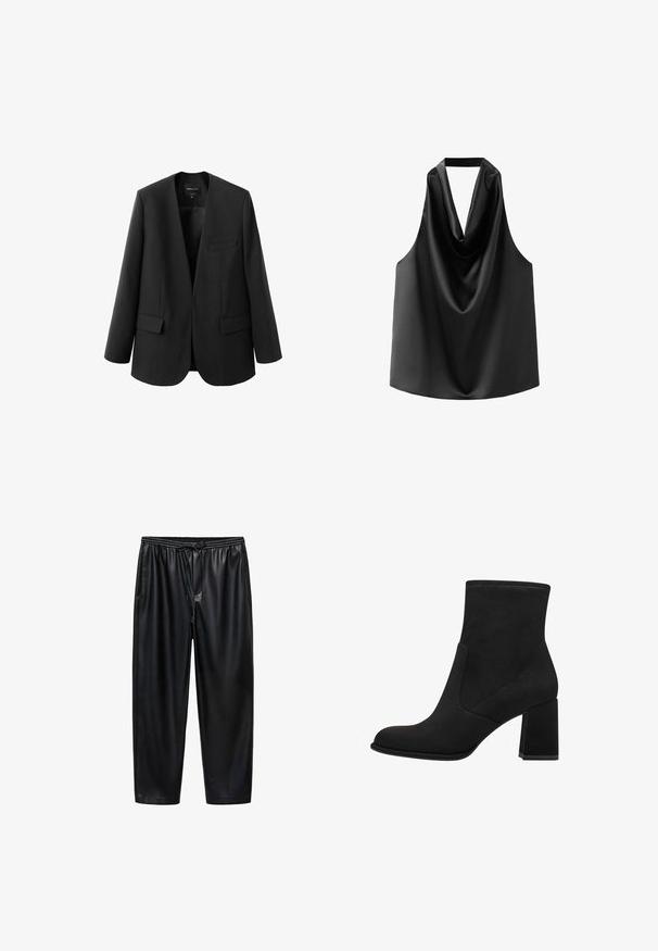 Schwarze Jacke mit strukturiertem, kragenlosem Design, zwei Fronttaschen und einer glatten Stoffoberfläche. Offene Vorderseite, entspannte Passform.; Schwarzes ärmelloses Top aus glattem Satin, mit einem drapierten Ausschnitt und lockerem Schnitt mit abgerundetem Saum. Keine sichtbaren Beschläge oder Muster.; Schwarze, glänzende, synthetische Hose mit elastischem Bund und Kordelzug. Verfügt über eine verkürzte Länge und zwei Seitentaschen. Glatte Textur.; Schwarze Knöchelstiefel mit Blockabsatz, aus weichem Wildleder. Mit einer abgerundeten Zehe und glatten Seitenpaneelen mit detaillierter Naht.