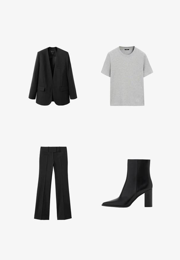 Schwarze Jacke mit strukturiertem, kragenlosem Design, zwei Fronttaschen und einer glatten Stoffoberfläche. Offene Vorderseite, entspannte Passform.; Hellgraues Kurzarm-T-Shirt aus Baumwolle mit Rundhalsausschnitt und regulärer Passform, flach auf einem weißen Hintergrund ausgelegt.; Schwarze, weit geschnittene Hosen mit glatter Textur, hohem Bund und zwei seitlichen Taschen. Klare Linien und maßgeschneiderte Gestaltung.; Schwarze Leder-Ankle Boots mit spitzem Zehenbereich, quadratischem Absatz, glatter Textur und Nähten entlang der Nähte. Die Absätze messen ungefähr 8,9 cm.