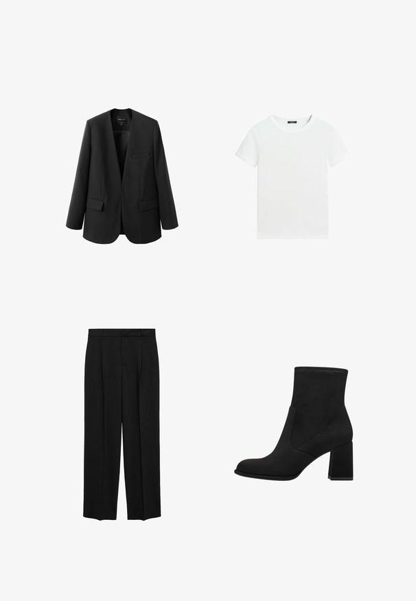 Sort blazer med en struktureret, kravefri design, to frontlommer og en glat stoftekstur. Åben front, afslappet pasform.; Almindelig hvid T-shirt med korte ærmer, rund halsudskæring og lille sort label inden i kraven.; Sorte skræddersyede bukser med høj talje, plisseret design, lige benform og glat stofstruktur. Har bælteforskrifter og sidelommer.; Sorte ankelstøvler med blokhæl, lavet af blødt suede. Har en rund tå og glatte sidestykker med syningsdetaljer.