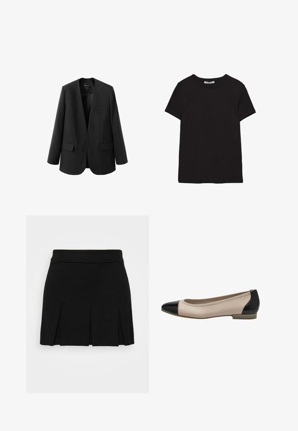 Sort blazer med en struktureret, kravefri design, to frontlommer og en glat stoftekstur. Åben front, afslappet pasform.; Sort kortærmet t-shirt i bomuld med rund halsudskæring, standard pasform og synlig indvendig halsmærkat.; Even&Odd by Zalando Mini skirts - black; Beige læderballetsko med sorte patentlæderkapper og hælaccent. Lav hæl og glat tekstur med afrundede kanter.