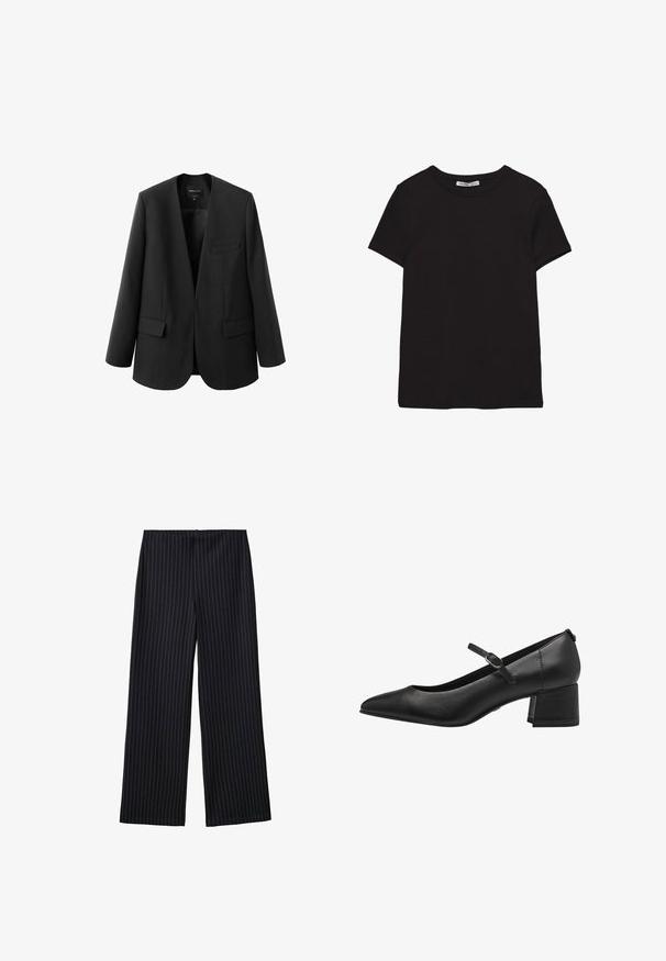 Sort blazer med en struktureret, kravefri design, to frontlommer og en glat stoftekstur. Åben front, afslappet pasform.; Sort kortærmet t-shirt i bomuld med rund halsudskæring, standard pasform og synlig indvendig halsmærkat.; Sorte, smalle stribede bukser med brede ben, glat tekstur og en høj talje. Stoffet har en subtil glans og falder løst.; Sorte læder lavhælede pumps med spidse tæer, ankelrem og struktureret finish. Simpelt design med en robust blokhæl.