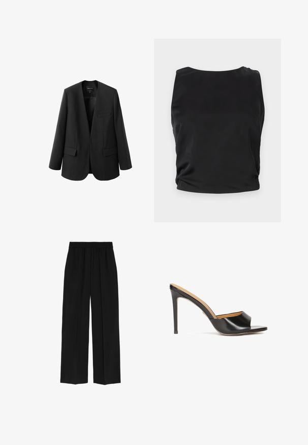 Sort blazer med en struktureret, kravefri design, to frontlommer og en glat stoftekstur. Åben front, afslappet pasform.; Sort ærmeløs top med en glat, blank overflade; har en rund halsudskæring og samlede sideløsninger for en tætsiddende silhuet.; Marks & Spencer WIDE - Bukser - black; Sorte open-toe hæle mules med en blank læderfinish, taperet blokhæl og et glat buet bånd over vristen.