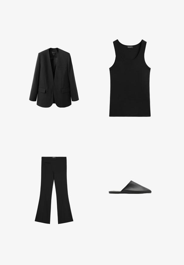 Sort blazer med en struktureret, kravefri design, to frontlommer og en glat stoftekstur. Åben front, afslappet pasform.; Sort ærmeløs tanktop med rund halsudskæring, lavet af glat stof, viser en lille mærkeetiket inde i kraven.; Sorte højtaljede bukser med let flare, front sømdetalje og en lille lynlåslomme på venstre side.; Sort lædersko uden snørebånd med spids tå og glat tekstur, med et minimalistisk design og flad sål.