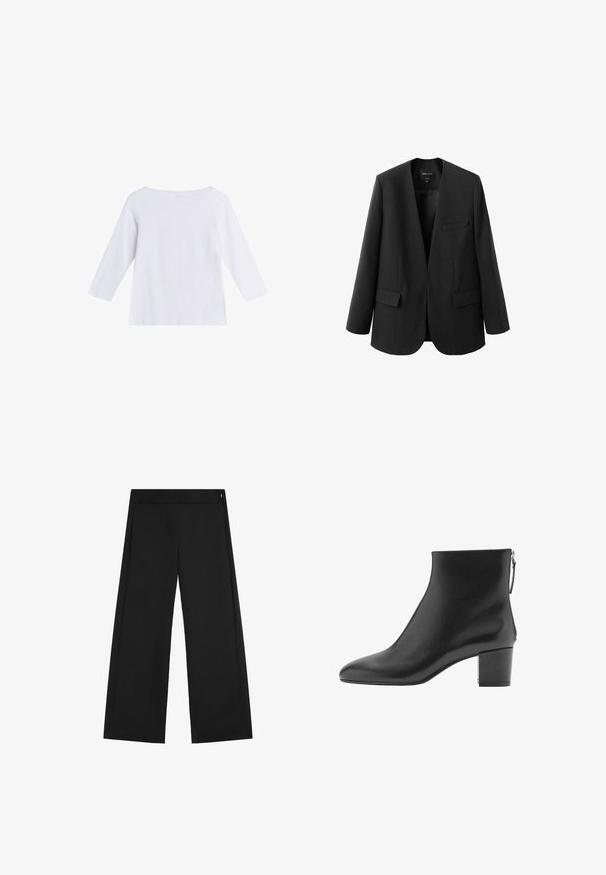 Sort blazer med en struktureret, kravefri design, to frontlommer og en glat stoftekstur. Åben front, afslappet pasform.; Hvid langærmet skjorte med bådudskæring, lavet af blødt stof, vist på en ensfarvet hvid baggrund.; Sorte vidde bukser med høj talje og en lille synlig lynlås på højre side, vist fladt på hvid baggrund.; Sorte læder ankelstøvler med spids tå, glat overflade og blokhæl. Har en lynlås på siden for nem påklædning.