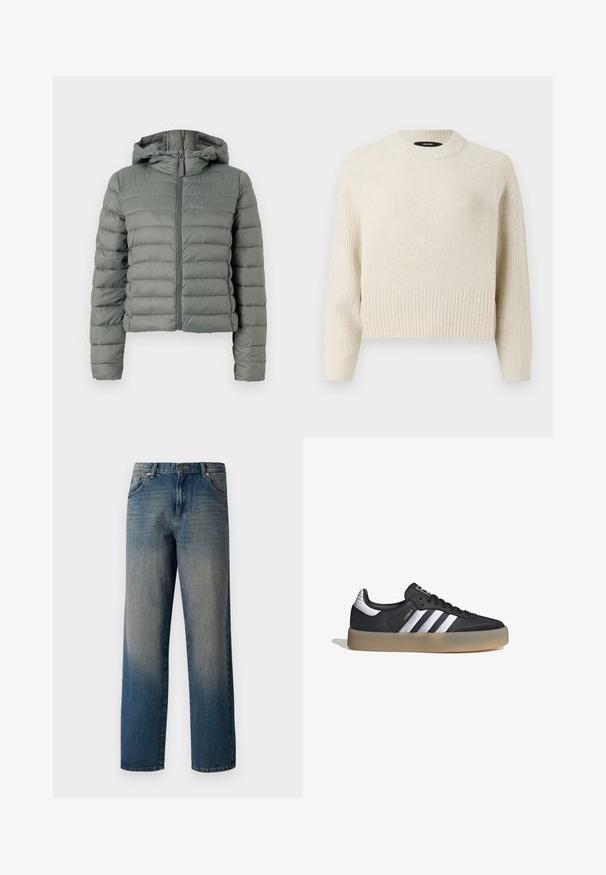 Chaqueta de plumas gris con una silueta corta, cremallera frontal y capucha. Presenta secciones acolchadas horizontales y puños elásticos. Textura suave.; Suéter de punto color beige claro con un dobladillo acanalado y un cuerpo texturizado. Presenta un escote redondo y mangas largas con un corte relajado.; Vaqueros de mezclilla azul con un diseño de pierna recta, que presentan un desvanecimiento de oscuro a claro, estilo de cinco bolsillos y un cierre de botón en la cintura.; Zapatilla deportiva de cuero negro con tres rayas plateadas, punta texturizada y suela de goma. Cuenta con un collar acolchado y un diseño con cordones.