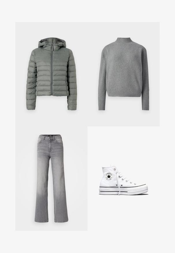 Chaqueta de plumas gris con una silueta corta, cremallera frontal y capucha. Presenta secciones acolchadas horizontales y puños elásticos. Textura suave.; Suéter de punto acanalado gris claro con un cuello alto tipo mock y mangas largas, presentado sobre un fondo blanco.; Vaqueros de mezclilla gris de pernera recta y cintura alta, con botón y cremallera frontales, bolsillos delanteros y traseros, y efectos de desvanecimiento en los muslos y las pantorrillas.; Zapatilla blanca de caña alta Converse Chuck Taylor All Star con parche de logo negro y cordones blancos, presentada sobre fondo blanco.
