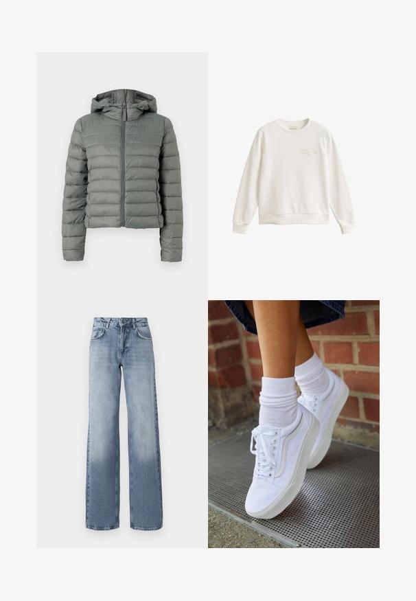 Grå pufferjakke med en cropped silhuet, frontlynlås og hætte. Har vandrette quiltede sektioner og elastiske manchetter. Glat tekstur.; Hvid crewneck sweatshirt med lange ærmer og diskret hævet logo på venstre bryst, lavet af blødt stof.; Bredde ben bløde denim jeans i blå med en lys vask, lynlås, fem-lomme design og subtil falming nær anklerne.; Hvide lærreds sneakers med gummisåler, der har seks snørehuller, rund tå og let sømdetaljer, krydret med hvide ankelstrømper.