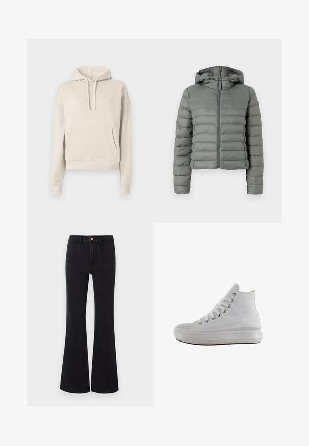Grå pufferjakke med en cropped silhuet, frontlynlås og hætte. Har vandrette quiltede sektioner og elastiske manchetter. Glat tekstur.; Beige hoodie lavet af blødt materiale, med en frontlomme, justerbar snøre i hætten samt ribbede manchetter og kant.; GAP FLARE TAYLORSON - Flared jeans - basic black; Hvid højt canvas sneaksko med hvide snørebånd, metaløjer, tyk gummisål og tekstureret tåhætte, vendt mod venstre på en hvid baggrund.