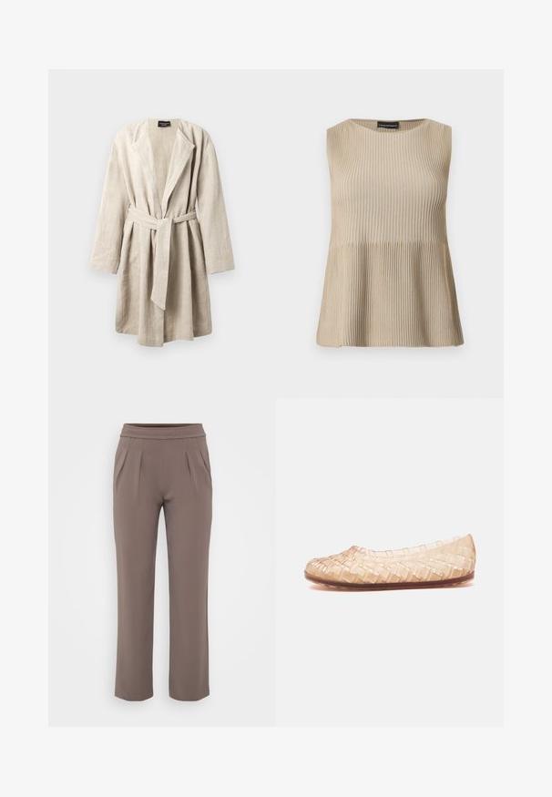 Bata de lino beige con cuello de chal, mangas largas y cintura atada. Presenta un ajuste relajado y una textura suave.; Top de punto acanalado beige sin mangas con escote redondo y bajo acampanado, presentado sobre un fondo blanco.; Pantalones sueltos color topo con cinturilla elástica y pliegues frontales, hechos de una tela suave.; Zapato plano tejido transparente beige con punta redondeada y suela marrón mostrado de lado sobre un fondo blanco.
