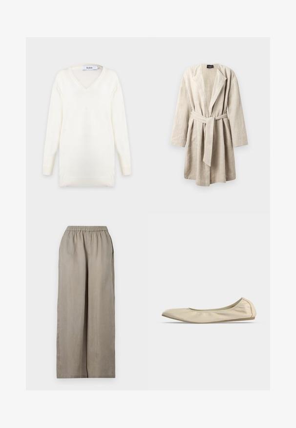 Peignoir en lin beige avec col châle, manches longues et taille ceinturée. Présente une coupe décontractée et une texture douce.; Pull blanc à manches longues avec col en V, poignets et ourlet côtelés, présenté sur un fond clair uni.; Pantalon large marron clair avec taille élastique et poches latérales, présenté sur un fond uni.; Ballerine beige en cuir souple avec bout arrondi, profil latéral bas et semelle fine en caoutchouc sur fond blanc uni.
