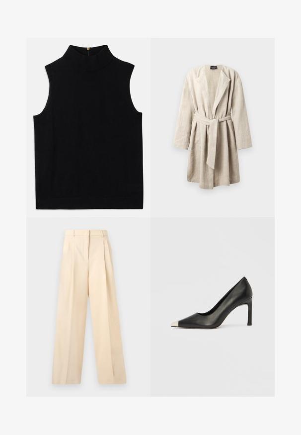 Peignoir en lin beige avec col châle, manches longues et taille ceinturée. Présente une coupe décontractée et une texture douce.; Haut noir sans manches à col roulé, fabriqué en matériau doux, avec un col haut et une fermeture éclair dans le dos. Design simple sans motifs ni accents.; Pantalon beige à larges jambes avec plis devant, passants de ceinture, poches latérales et fermeture avant dissimulée.; Chaussure à talon haut en cuir noir avec bout pointu et capuchon argenté métallique. Présente une finition lisse et un talon fin de 10 cm.