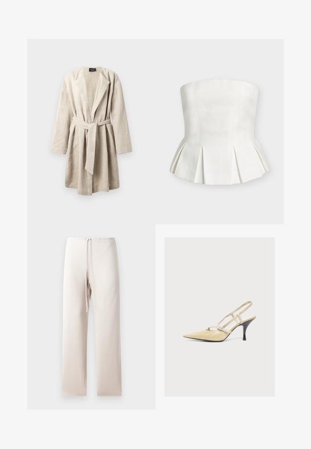 Peignoir en lin beige avec col châle, manches longues et taille ceinturée. Présente une coupe décontractée et une texture douce.; Haut blanc style corset sans bretelles avec des coutures structurées et des accents plissés à la taille, présenté sur un fond uni.; Pantalons en tissu beige clair avec une coupe droite, dotés d'une taille élastique et d'un cordon de serrage. Le matériau semble doux et lisse.; Escarpin beige à bout pointu avec bride slingback, fines lanières et une petite boucle argentée sur le côté, doté d'un talon fin noir.