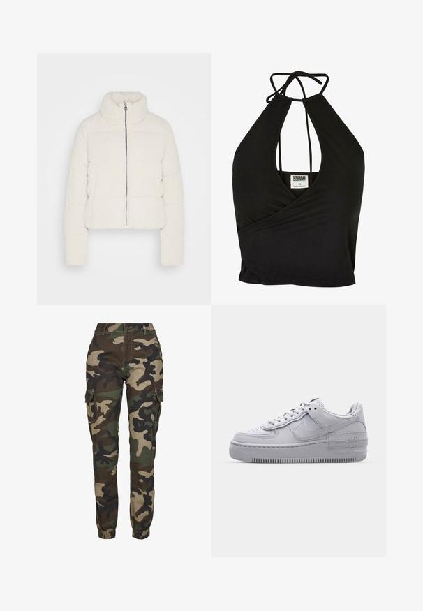 Afkortet pufferjakke i cremefarvet corduroy med høj krave, frontlynlås og to sidelommer med en tekstureret overflade.; Sort halterneck crop top lavet af blødt materiale, med en dyb V-hals og indviklet design. Knyttes bagpå for en justerbar pasform.; Kamuflage cargo bukser i nuancer af grøn, brun og sort; har elastiske manchetter, sidelommer og en sikker knaplukning.; Grå Nike Air Force 1 sneakers med perforeret tå, glat læderoverdel, tyk sål og præget 'AIR' detalje på hælen.