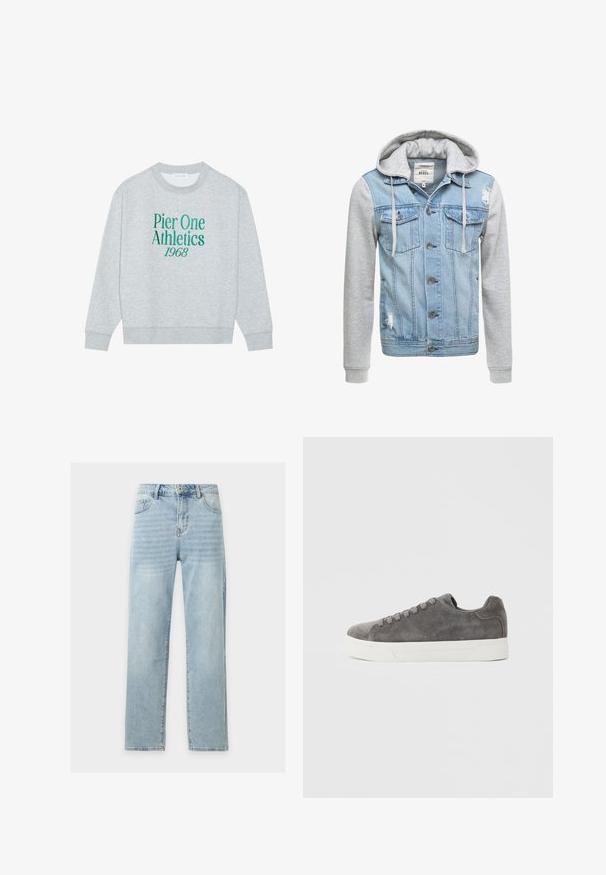 Jeansjacke mit einem hellblauen Körper, grauen langen Ärmeln und einer Kapuze. Verfügt über Frontknöpfe und zwei Brusttaschen mit abgenutztem Detail.; Grauer sweatshirt mit Rundhalsausschnitt, mit grünem gesticktem Text: "Pier One Athletics 1968" auf der Vorderseite. Langärmlig, mit gerippten Bündchen.; Hellblaue Jeans mit geradem Bein, vorderen Taschen und Gürtelschlaufen, vor weißem Hintergrund dargestellt.; Grauer Wildleder-Sneaker mit niedrigem Schaft, weißer Gummisohle und passenden grauen Schnürsenkeln, von der Außenseite vor hellem Hintergrund gezeigt.