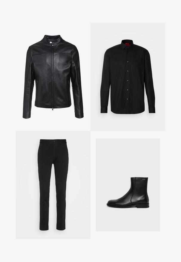 Chaqueta de cuero negra con cuello alzado, cremallera frontal y dos bolsillos laterales. Textura suave con acentos de costura descentrada.; Camisa negra de manga larga hecha de una tela suave, con un cuello clásico con tapa, cierre frontal de botones y un ajuste entallado.; Chinos de algodón negros con un corte ajustado, que cuentan con una cintura estándar, bolsillos frontales y un solo bolsillo trasero. Textura suave y detalles mínimos.; Bota de piel negra lisa hasta el tobillo con tacón bajo y cremallera lateral, etiquetada con Hugo cerca del borde superior.