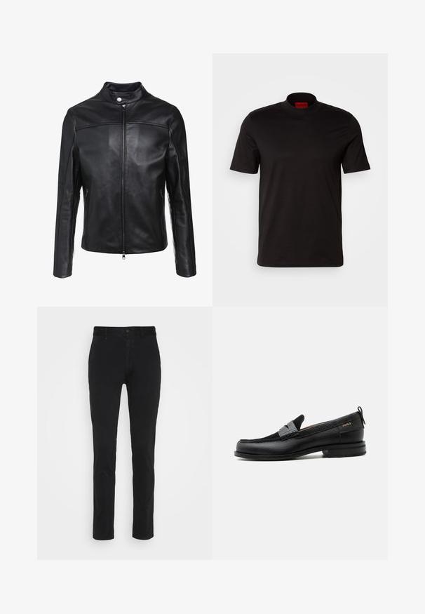 Must must jacket, millelise kaelaosaga, esiosa lukuga ja kahe küljetaskuga. Sile tekstuur, millel on külgmised õmbluse aktsendid.; Must t-särk lühikeste varrukatega, kõrge kaelusega. Valmistatud siledast kangast. Sisekaeluses on punane brändi silt.; Mustad mustadest puuvillast chinos, kitsas lõige, tavaliselt vöökoht, esiosad ja üks taga tasku. Sile tekstuur ja minimaalne detailide hulk.; Must nahast loafer halli rihma detailiga, madala kand ja tekstuurse tallaga, külgedel kuldse "HUGO" brändiga.