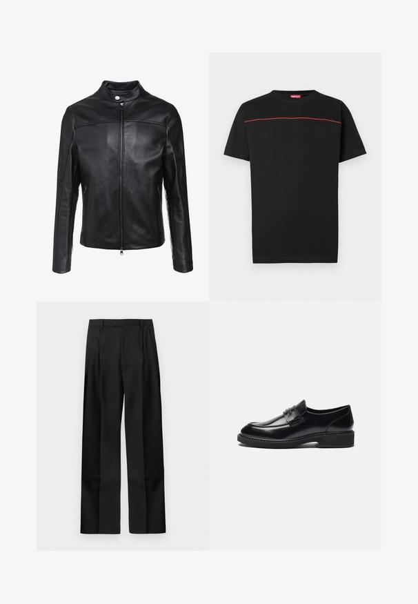 Veste en cuir noir avec col montant, fermeture éclair à l'avant et deux poches latérales. Texture lisse avec des accents de coutures décalées.; T-shirt en coton noir avec un col rond, des manches courtes et une ligne d'accent rouge traversant la poitrine. Logo brodé sur le devant.; Pantalon droit noir sur mesure avec passants pour ceinture, fermeture éclair à l'avant et poches latérales sur un fond blanc uni.; Zign LEATHER - Mocassins de ville - black