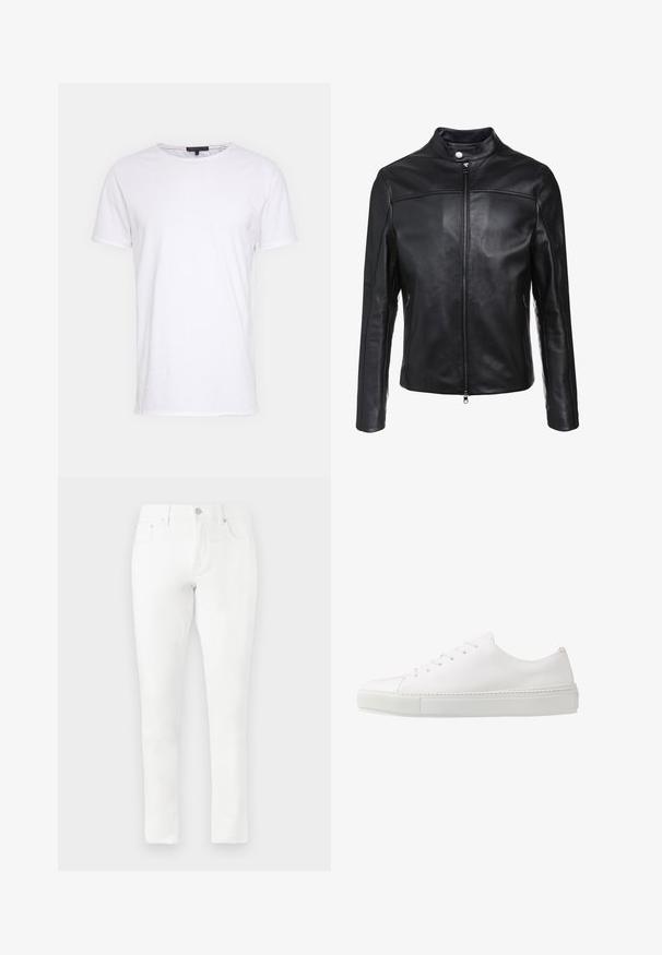 Veste en cuir noir avec col montant, fermeture éclair à l'avant et deux poches latérales. Texture lisse avec des accents de coutures décalées.; T-shirt en coton blanc avec un col rond, des manches courtes et une coupe droite. Présente une texture simple et lisse, sans motifs supplémentaires.; Jean en denim blanc à coupe slim, design classique à cinq poches, avec un bouton métallique à l'avant. Texture lisse, jambes droites, avec des détails de couture minimalistes.; Baskets en cuir blanc avec une finition lisse, bout rond et six œillets pour les lacets. Présente une semelle en caoutchouc texturée et un design minimaliste.