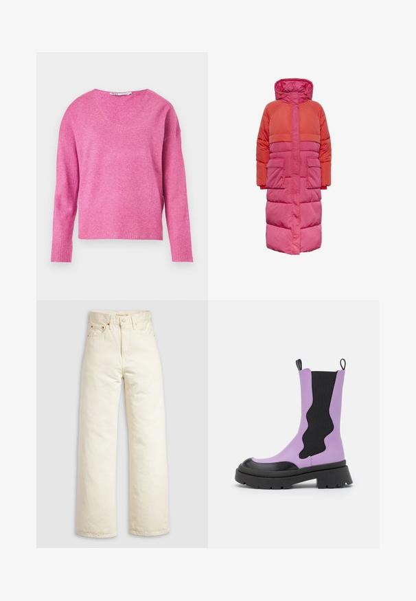 Lang dunfrakke med hætte, farveblokdesign i nuancer af rød og pink, med to frontlommer og lynlås foran.; Rosa strikket sweater med V-hals, lange ærmer, ribbede manchetter og en blød tekstur. Designet har en let løs pasform.; Vidbenede jeans i offwhite denim med høj talje, kobbernitter og klassisk design med fem lommer. Struktureret stof med rene kanter.; NA-KD WAVY ELASTIC BOOTS - Plateaustøvler - black/purple
