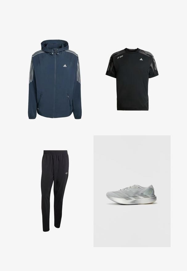 Navyblauwe Adidas-hoodie met ritssluiting aan de voorkant, elastische manchetten, met ritssluiting afsluitbare zijzakken en drie grijze strepen op elke mouw.; Zwarte sportieve t-shirt gemaakt van lichtgewicht stof, met mesh schouderpanelen, korte mouwen en witte adidas en F50 logo's.; Zwarte sportbroek gemaakt van lichtgewicht materiaal, voorzien van een elastische tailleband en een klein reliëflogo op het bovenste gedeelte van het linkerbeen.; Lichte grijze sport schoen met een slank ontwerp, voorzien van een gestructureerde bovenkant, drie diagonale strepen en een reflecterende zilveren zool.
