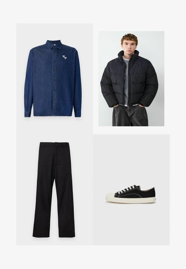 Sort pufferjakke med høj krave og lynlås, der har vandret syninger og en afslappet pasform, båret over en grå sweater.; Mørkeblå denimskjorte med knappelukning foran, lange ærmer og spids krave. Har en hvid broderet "RP"-logo.; Sorte bukser med lige ben, knap- og lynlåslukning, bæltestropper, lagt fladt på en lys baggrund.; Sorte lærredssneakers med hvid syning, en rund gummitå, og hvide snørebånd. Har en tekstureret stofoverdel og en beige sål.