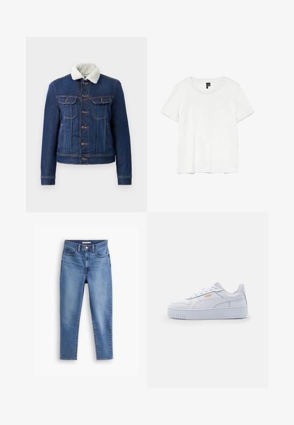 Veste en denim bleu foncé avec un col en fausse fourrure. Comprend des poches avant, une fermeture à boutons et des accents de coutures visibles. Design classique.; T-shirt blanc à manches courtes avec un col rond, fabriqué en tissu léger. Design simple, texture lisse et ourlet droit.; Jeans pour femmes taille haute bleus avec fermeture à bouton et à zip à l'avant, passants de ceinture et design à cinq poches, posés sur un fond blanc.; Baskets blanches en cuir avec une semelle épaisse, présentant une texture lisse, un design minimaliste, des rayures sur les côtés et un petit logo.