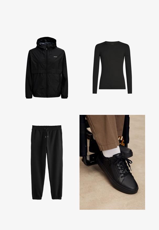 Schwarze Regenjacke mit Kapuze und Reißverschluss, elastischen Bündchen, Vorderentaschen und "core"-Logo auf der Brust.; Schwarzes, langärmeliges, figurbetontes T-Shirt mit Rundhalsausschnitt und dezentem Icebreaker-Logo auf dem linken Ärmel, dargestellt vor weißem Hintergrund.; Schwarze Jogginghose mit elastischem Bund, verstellbarem Kordelzug, Seitentaschen und elastischen Bündchen an den Knöcheln.; Schwarzer Ledersneaker mit Schnürsenkeln und seitlichem Reißverschluss, getragen mit weißen Socken und brauner Hose, Fuß ruht auf der Fußstütze eines Rollstuhls.