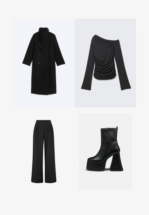 Manteau long noir croisé avec six boutons, col montant et poches latérales, présenté à plat sur fond blanc.; Top asymétrique noir à manches longues avec tissu froncé sur un côté et un large col bateau.; Pantalon noir taille haute à jambes larges avec des plis à l'avant, une fermeture par bouton à la taille et une finition en tissu lisse.; Bottine en cuir noir avec semelle plateforme épaisse et talon haut large évasé, texture lisse et petit logo près du bord supérieur.
