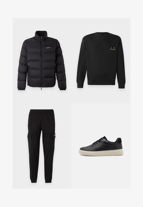 Schwarze Steppjacke mit hohem Kragen, ausgestattet mit einem Reißverschluss vorne und zwei Seitentaschen. Leicht gestepptes Material mit Logo auf der Brust.; Schwarzer Langarm-Crewneck-Pullover mit kleinem beigen Armani Exchange-Logo auf der linken Brust.; Schwarze Cargo-Hosen mit elastischem Bund, zwei Seitentaschen und Logodetail auf der linken Seite. Glatte Textur, verjüngt an den Knöcheln.; Schwarzer Ledersneaker mit niedrigem Profil, ausgestattet mit einer cremefarbenen Gummisohle, runder Zehe und Schnürdesign, akzentuiert mit einer Ferse aus schwarzem Wildleder.