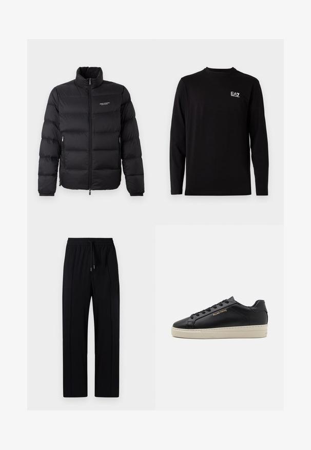 Chaqueta acolchada negra con cuello alto, que presenta un cierre frontal y dos bolsillos laterales. Tejido ligeramente acolchado con el logotipo de la marca en el pecho.; Camisa negra de manga larga hecha de tela suave. Presenta un pequeño logo blanco en la parte superior izquierda del pecho. Cuello redondo sencillo y corte recto.; Pantalones negros ligeros con cinturilla elástica y cordón, que cuentan con dos pliegues frontales y un diseño de pierna recta. Textura suave.; Zapatilla de cuero negra con un acabado suave, suela crema en contraste, puntera redonda, logo dorado en el lateral y seis ojales para los cordones.
