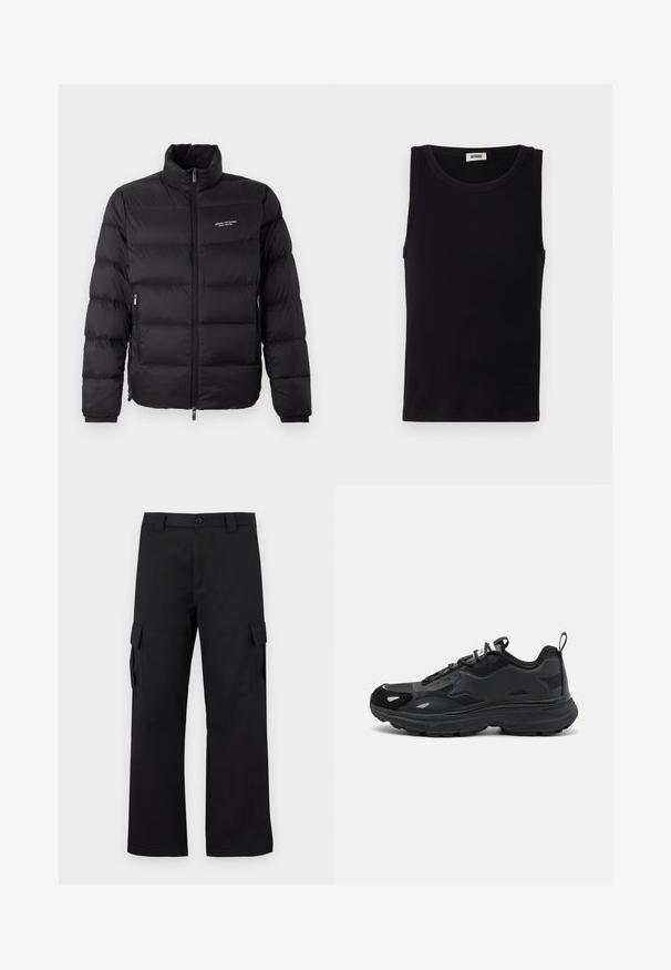 Doudoune noire avec un col haut, dotée d'une fermeture éclair à l'avant et de deux poches latérales. Tissu légèrement matelassé avec le logo de la marque sur la poitrine.; Débardeur noir sans manches en coton doux. Il présente une encolure ronde et une coupe droite, avec des détails de couture minimaux.; Pantalons cargo noirs avec une coupe droite. Fabriqués à partir d'un tissu durable, ils disposent de deux poches latérales avec fermetures à rabat et d'un zip à bouton.; Baskets de course noires avec une tige texturée, des accents synthétiques lisses, une semelle épaisse et des détails réfléchissants. Présente un design à lacets et une poignée arrière.