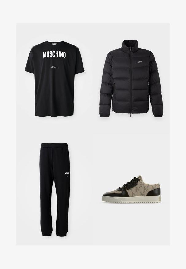 Sort pufferjakke med høj krave, med en frontlynlås og to sidelommer. Let quiltet stof med mærkets logo på brystet.; Sort bomulds t-shirt med rund hals. Har fed hvid tekst: "MOSCHINO" ovenfor og "Milano" nedenfor. Enkel, klassisk design.; Sorte sweatpants med en afslappet pasform, lavet af blødt stof. Har en elastisk talje og hvidt "Moschino" logo på venstre lår.; Lav sneaker med beige mønstret stof og sorte læderdetaljer, hvid sål og sorte snørebånd, vist fra siden på neutral baggrund.