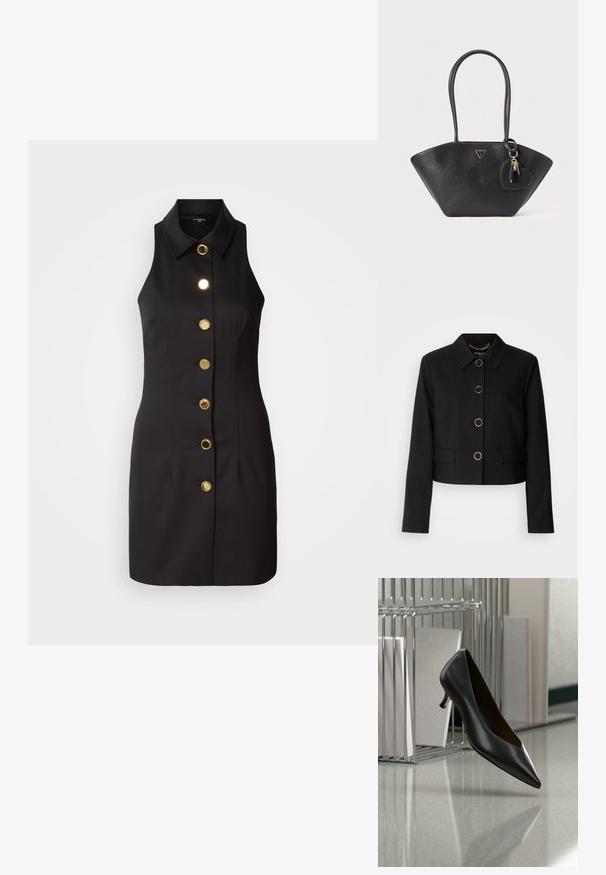 MARCIANO BY GUESS CHRISTINA CROPPED JACKET - Let jakke / Sommerjakker - black; Sort ærmeløs kjole med knaplukning foran, der har store guldknapper og en klassisk krave, lavet af glat stof.; Sort læder sko med spids tå og lav hæl, der svæver over en grå plettet gulv, ved siden af en metal filopsamler med mapper.; Sort lædertaske med en struktureret overflade, bred bund og skrånende top. Har to håndtag og et hjerteformet vedhæng med nøgletassler.