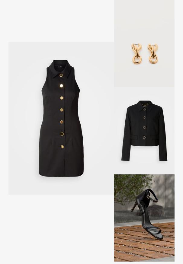 MARCIANO BY GUESS CHRISTINA CROPPED JACKET - Let jakke / Sommerjakker - black; Sort ærmeløs kjole med knaplukning foran, der har store guldknapper og en klassisk krave, lavet af glat stof.; Sort højhælet sandal med ankelsnor, der ser ud til at svæve over et trægulv udendørs med sløret grønt og sten i baggrunden.; Par af skinnende guldfarvede hoop-øreringe med snoet, flettet design på en enkel hvid baggrund.