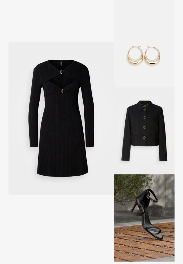 MARCIANO BY GUESS CHRISTINA CROPPED JACKET - Suvejakk - black; Must mustriba kleit pikkade varrukatega, millel on mõnusalt liibuv korpus, V-kujuline kaelus ja kuldsed aksenti nööbid rinnal.; Mustad kõrge kontsaga sandaal pahkluu rihmaga näib rippuvat puidust plaatide põranda kohal õues, taustal udune rohelus ja kivimüür.; Kuldsetes toonides nõelakujulised kõrvarõngad, läikiva pinna ja hingedega sulguriga. Sile tekstuur ja peegeldav viimistlus suurendavad nähtavust.