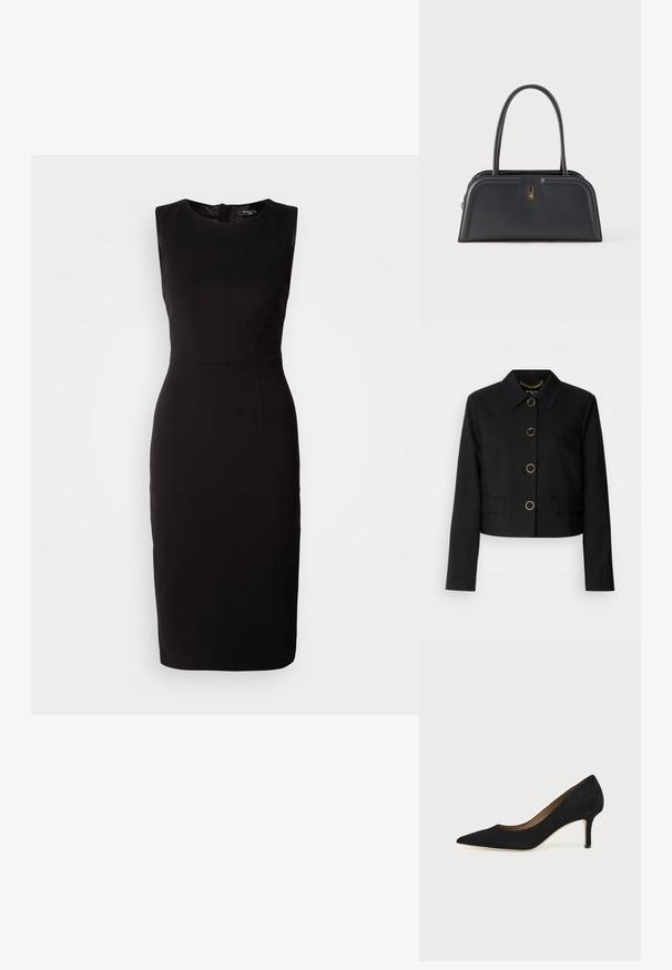 MARCIANO BY GUESS CHRISTINA CROPPED JACKET - Let jakke / Sommerjakker - black; MARCIANO BY GUESS ZIP MIDI DRESS - Jerseykjole - black; Sort ruskind spids tå højhælet pumpe med en slank mellemhøj stilethæl og et lavt snit på en ensfarvet baggrund.; Sort læderhåndtaske med et struktureret design, forsynet med håndtag øverst og en lille guldfarvet detalje foran.